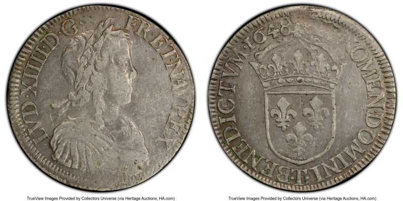 Louis XIV Ecu 1648/7-T AU50 PCGS, Nantes mint, KM155.16, Gad-202. Challenging ov...