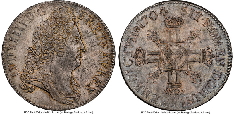 Louis XIV Ecu 1704-A MS62 NGC, Paris mint, KM362.1, Dav-1322, Gad-227. This beau...