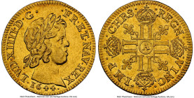 Louis XIV gold Louis d'Or 1644-A AU58 NGC, Paris mint, KM149.1, Gad-244 (R). A coveted young-head "Sun King" Louis d'Or, presented here almost fully l...