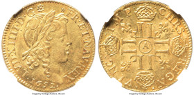 Louis XIV gold Louis d'Or 1652-A AU58 NGC, Paris mint, KM157.1, Gad-245. Featuring a youthful bust of the boy king, this louis d'or à la mèche longue ...