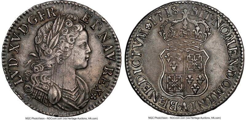 Louis XV Ecu 1718-A AU58 NGC, Paris mint, KM435.1, Dav-1327. Young bust of Louis...