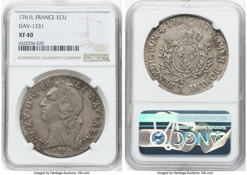 Louis XV Ecu 1761-L XF40 NGC, Bayonne mint, KM512.12, Dav-1331. This mid-grade E...