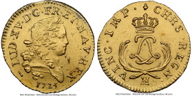 Louis XV gold Louis d'Or 1723-H AU Details (Saltwater Damage) NGC, La Rochelle mint, KM468.7, Fr-459, Gad-338 (R2). The saltwater damage is evident bu...