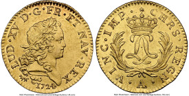Louis XV gold Louis d'Or 1724-A UNC Details (Cleaned) NGC, Paris mint, KM470.1, Gad-339. The surfaces of this impressive Mint State piece are slightly...