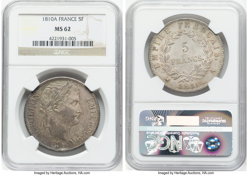 Napoleon 5 Francs 1810-A MS62 NGC, Paris mint, KM694.1, Gad-584, F-307. Possessi...