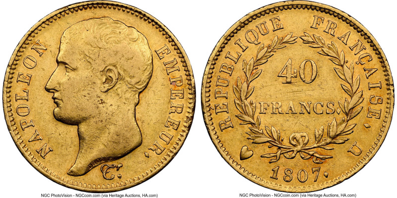 Napoleon gold 40 Francs 1807-U XF40 NGC, Torino mint, KM-A688.4, Pag-13, Fr-485....