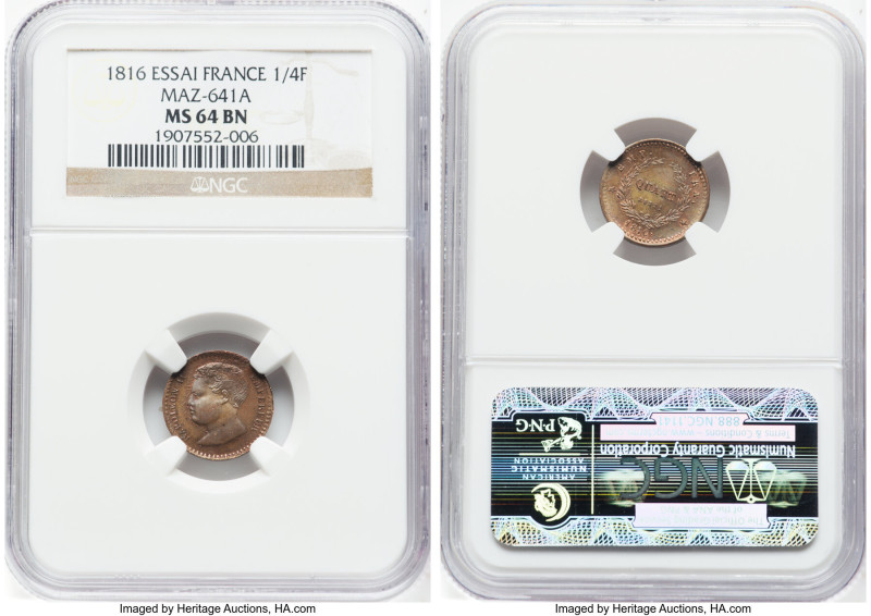 Napoleon II Pretender bronze Essai 1/4 Franc 1816 MS64 Brown NGC, Maz-641a. Scar...