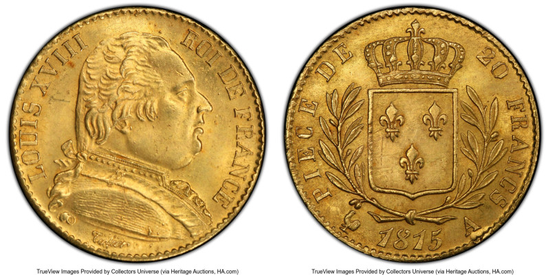 Louis XVIII gold 20 Francs 1815-A MS65+ PCGS, Paris mint, KM706.1, Gad-1026. An ...