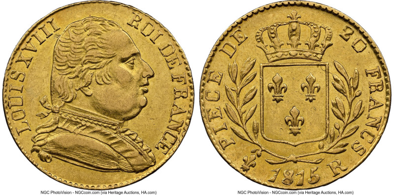 Louis XVIII gold 20 Francs 1815-R AU58 NGC, London mint, KM706.7, Gad-1027, F-51...