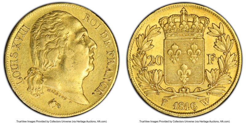 Louis XVIII gold 20 Francs 1816-W AU53 PCGS, Lille mint, KM712.9, Gad-1028. Mint...