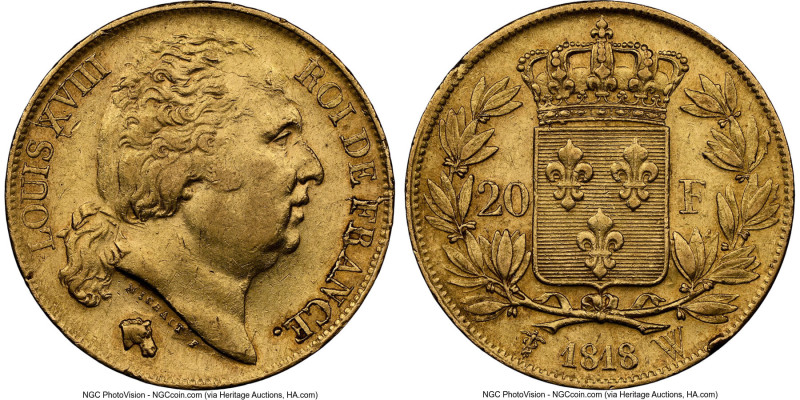 Louis XVIII gold 20 Francs 1818-W AU55 NGC, Lille mint, KM712.9, Gad-1028. HID09...