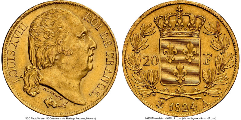 Louis XVIII gold 20 Francs 1824-A MS63 NGC, Paris mint, KM712.1. HID09801242017 ...