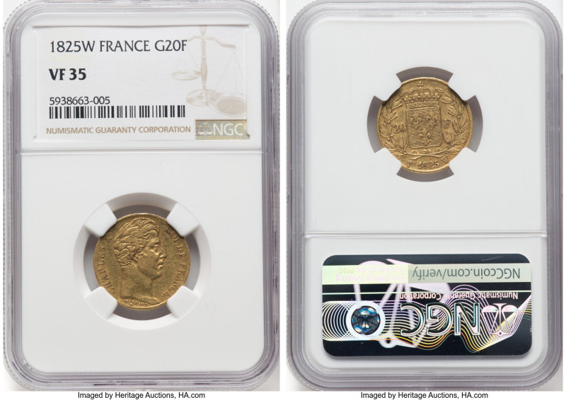 Charles X gold 20 Francs 1825-W VF35 NGC, Lille mint, KM726.4. HID09801242017 © ...