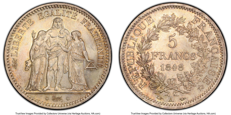 Republic 5 Francs 1848-A MS64 PCGS, Paris mint, KM756.1, Gad-683, F-326. A wonde...