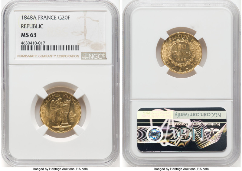 Republic gold "Genius" 20 Francs 1848-A MS63 NGC, Paris mint, KM757, Gad-1032. H...