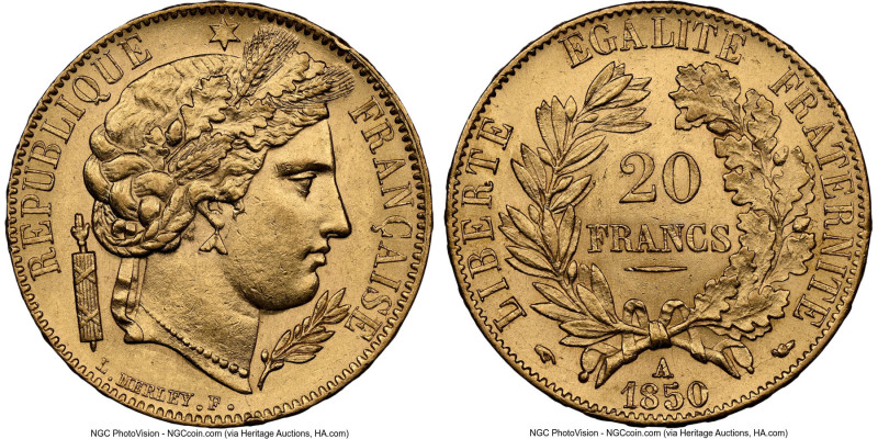 Republic gold 20 Francs 1850-A AU58 NGC, Paris mint, KM762, Gad-1059. HID0980124...