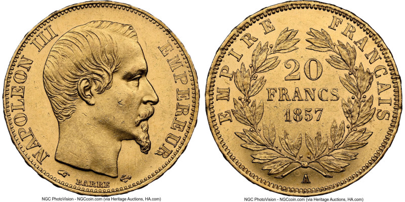 Napoleon III gold 20 Francs 1857-A MS62 NGC, Paris mint, KM781.1, Gad-1061. HID0...