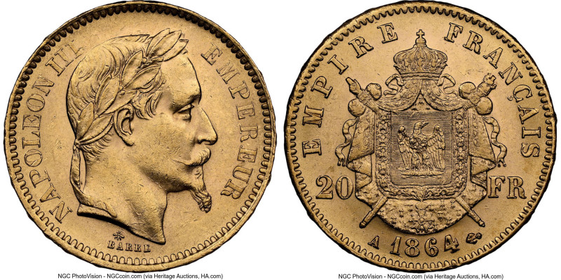 Napoleon III gold 20 Francs 1864-A MS61 NGC, Paris mint, KM801.1, Gad-1062. HID0...