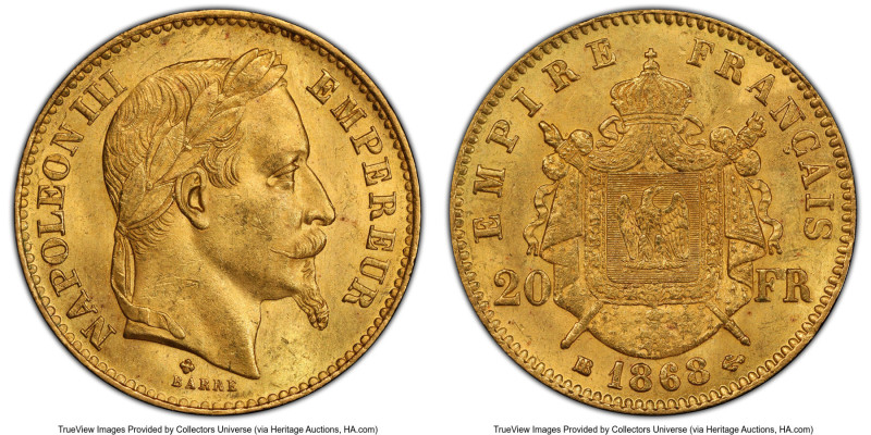 Napoleon III gold 20 Francs 1868-BB MS64 PCGS, Strasbourg mint, KM801.2, Gad-106...