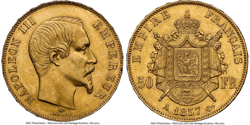 Napoleon III gold 50 Francs 1857-A MS63 NGC, Paris mint, KM785.1, Gad-1111. HID0...