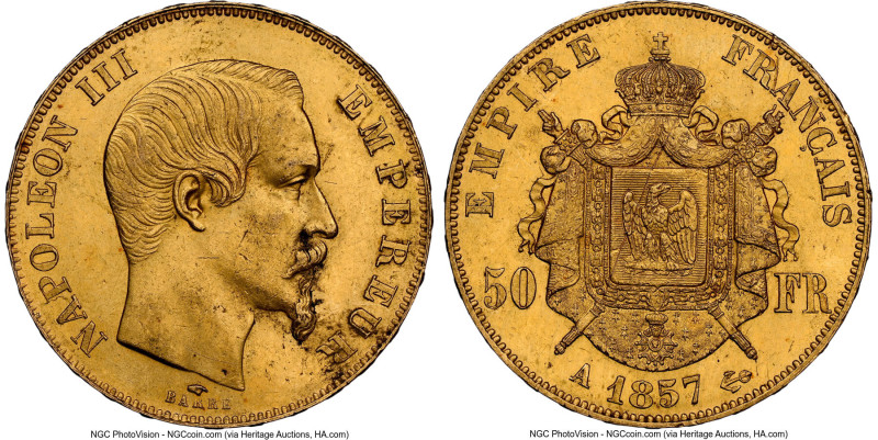 Napoleon III gold 50 Francs 1857-A UNC Details (Reverse Scratched) NGC, Paris mi...