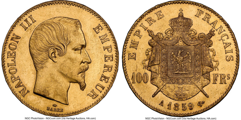 Napoleon III gold 100 Francs 1859-A MS62 NGC, Paris mint, KM786.1, Gad-1135, F-5...