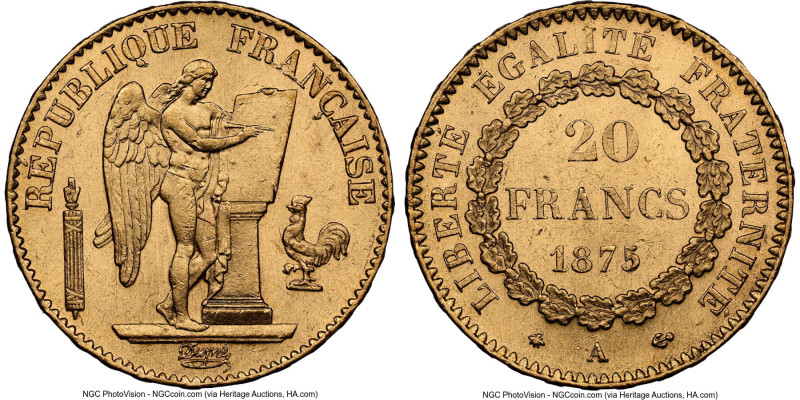 Republic gold 20 Francs 1875-A MS63 NGC, Paris mint, KM825, Gad-1063, F-533. HID...