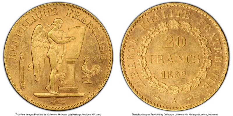 Republic gold 20 Francs 1892-A MS63 PCGS, Paris mint, KM825, Gad-1063, F-533/16....