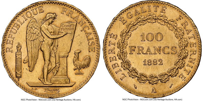 Republic gold 100 Francs 1882-A MS63 NGC, Paris mint, KM832, Fr-590. Shimmering ...