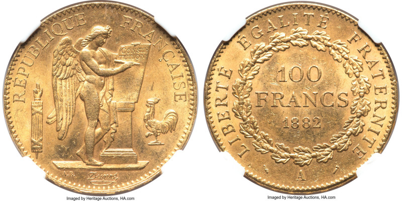 Republic gold 100 Francs 1882-A MS62 NGC, Paris mint, KM832, Fr-590. HID09801242...