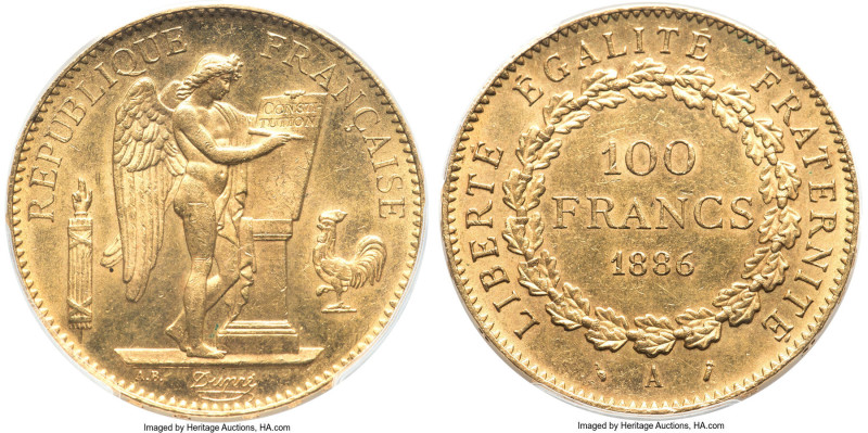 Republic gold 100 Francs 1886-A MS64 PCGS, Paris mint, KM832, Gad-1137, F-552. M...