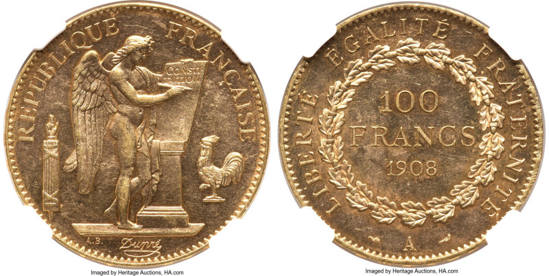 Republic gold 100 Francs 1908-A MS62 NGC, Paris mint, KM858, F-553. A boldly Min...