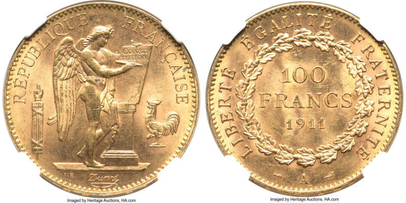 Republic gold 100 Francs 1911-A MS63 NGC, Paris mint, KM858, Fr-590. HID09801242...