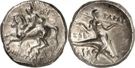 ITALIEN. 
KALABRIEN. 
TARAS (Taranto / Tarent). Stater (302/231 v.Chr.) 7,79g. Ephebe, nackt, reitet auf s. Ross n.l., hält Schild, unter dem Pferd ...