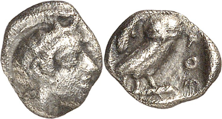 ATTIKA. 
ATHEN. Obolos (1/12 Stater) (um 470 v.Chr.) 0,60g. Behelmter Athenakop...