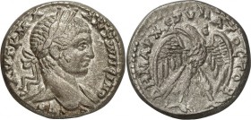 SYRIEN. 
SELEUKIS und PIEREIA / ANTIOCHEIA (Antakya). 
Elagabalus 218-222. Tetradrachmon (219) 15,06g. Kopf m.Pallium h. Hals u. Lkr. n.r. AYT K M A...