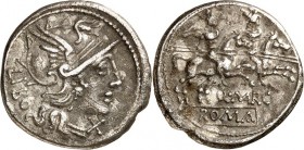 RÖMISCHE REPUBLIK : Silbermünzen. 
Quintus Marcius Libo 148 v. Chr. Denar 3,53g. Behelmter Kopf der Roma n. r., unter dem Kinn X, links LIBO / Diosku...