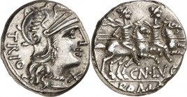 RÖMISCHE REPUBLIK : Silbermünzen. 
Gnaeus Lucretius Trio 136 v. Chr. Denar 4,00g. Romakopf n.r.; r. X; l. TRIO / Diskuren reiten n.r.; unten CN. LVCR...