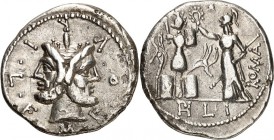 RÖMISCHE REPUBLIK : Silbermünzen. 
Marcus Fourius Lucii filius Philus 119 v. Chr. Denar 3,63g. Iupiter-Doppelkopf M. F O V R I. L. F / Roma vollendet...