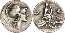 RÖMISCHE REPUBLIK : Silbermünzen. 
Anonym 115-114 v. Chr. Denar 3,64g. Romakopf n.r.; l. X; unten ROMA / Roma sitzt auf Schilden n.r.; vor ihr Lupa, ...