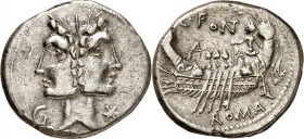 RÖMISCHE REPUBLIK : Silbermünzen. 
Gaius Fonteius 114-113 v. Chr. Denar (Charge&nbsp;3) 3,93g, Rom. Doppelkopf der Dioskuren mit Lorbeerkränzen; unte...