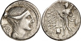 RÖMISCHE REPUBLIK : Silbermünzen. 
Lucius Valerius Flaccus 108-107 v. Chr. Denar 3,90g. Victoriabüste n.r.&nbsp;/ L&nbsp;. VALERI&nbsp;- FLACCI Mars ...