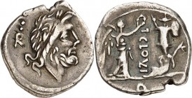 RÖMISCHE REPUBLIK : Silbermünzen. 
Titus Cloelius 98 v. Chr. Quinar 1,84g. Kopf des Iupiter mit Lorbeerkranz n.r.; dahinter R unter 2 Punkten / CLOVL...