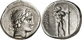 RÖMISCHE REPUBLIK : Silbermünzen. 
Lucius Marcius Censorinus 82 v. Chr. Denar 3,84g. Apollokopf n.r.&nbsp;/ L.&nbsp;CENSOR Marun steht m. Weinschlauc...