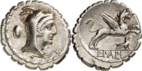RÖMISCHE REPUBLIK : Silbermünzen. 
Lucius Papius 79 v. Chr. Denar (serratus) 3,79g. Iuno Sospitakopf n.r.; dahinter Schild / L PAPI Greif springt n.r...