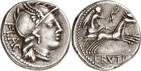 RÖMISCHE REPUBLIK : Silbermünzen. 
Lucius Rutilius Flaccus 77 v. Chr. Denar 3,75g. Romakopf n.r. FLAC / Victoria in Biga n.r.; unten L.RVTIL[I]. Cr.&...