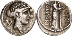 RÖMISCHE REPUBLIK : Silbermünzen. 
Quintus Pomponius Musa 66 v. Chr. Denar 3,90g. Apollokopf n.r. , dahinter 2 gekreuzte Flöten / Q POMPONI - MVSA Eu...