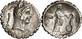 RÖMISCHE REPUBLIK : Silbermünzen. 
Lucius Roscius Fabatus 64 v. Chr. Denar (serratus) 3,85g. Sospitakopf n.r.; l. Beiz.; unten L. ROSCI / FABATI Mädc...