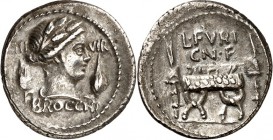RÖMISCHE REPUBLIK : Silbermünzen. 
Lucius Furius Gnaeii filius Brocchus 63 v. Chr. Denar 3,95g. Cereskopf zw. Ähre u. Gerstenkorn n.r. III - VIR - BR...