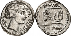 RÖMISCHE REPUBLIK : Silbermünzen. 
Lucius Scribonius Libo 62 v. Chr. Denar 3,88g. Bonus-Eventus-Kopf n.r. LIBO - BON EVENT / PVTEAL -SVRIBON Puteal m...
